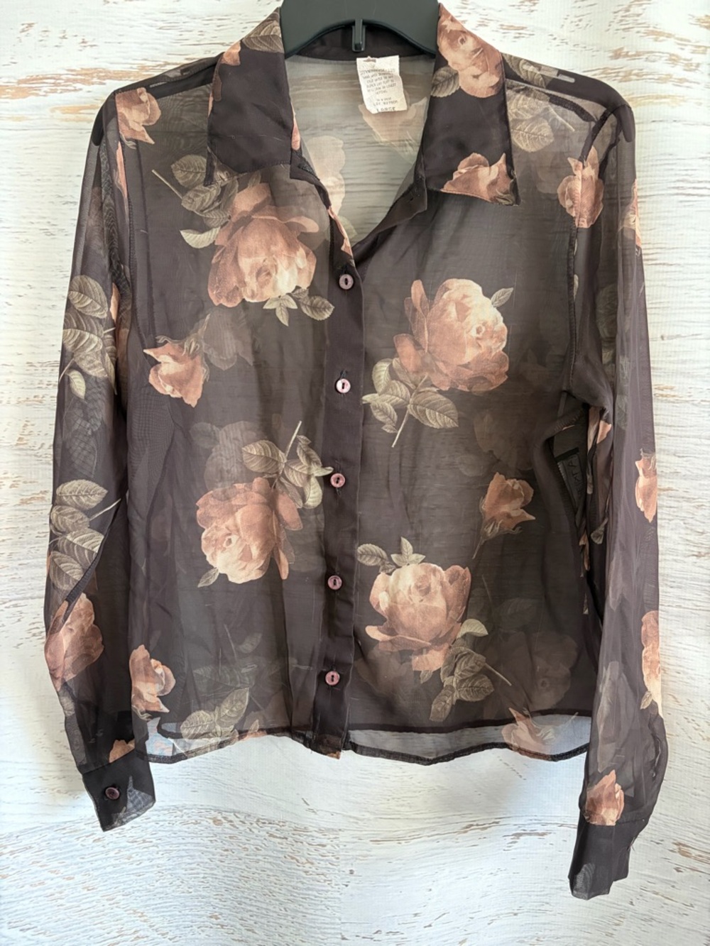 Anxiety Y2K Vintage Sheer Black Floral Button-Front Blouse - Women's Top